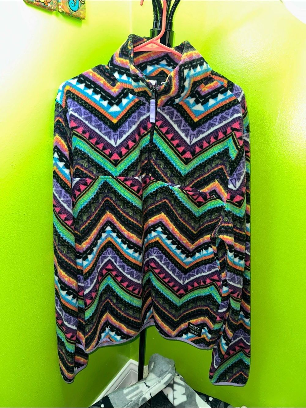 Wesc Multicolor Chevron Teddy Jacket - Black, Green, Purple, Pink & neon rave